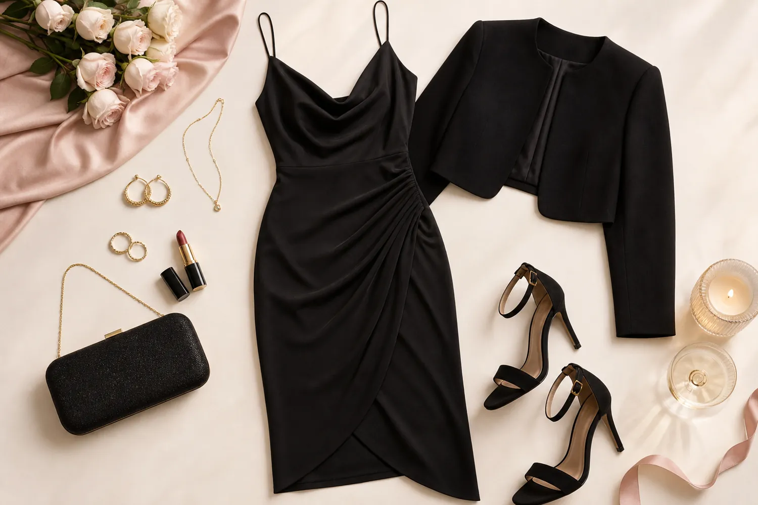 A black wrap dress, cropped jacket, heels and clutch laid out together
